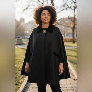 Chic Black Cape with Decorative Brooch Button